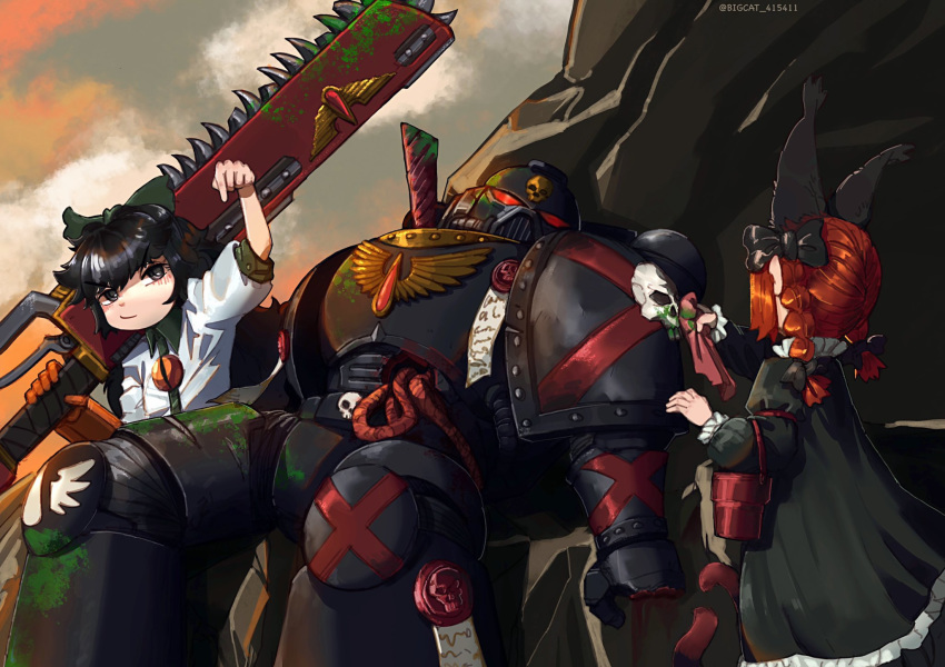 1boy 2girls animal_ears armor bigcat_114514 black_armor black_eyes black_hair blood blood_angels braid bucket cat_ears chainsaw chainsword commentary cut_fingers death_company dusk english_commentary entrails green_blood green_ribbon hair_ribbon highres injury kaenbyou_rin multiple_girls on_rock organs outdoors parchment power_armor purity_seal reclining red_eyes redhead reiuji_utsuho ribbon rock shirt space_marines sword theft third_eye touhou twin_braids twitter_username unconscious warhammer_40k weapon white_shirt