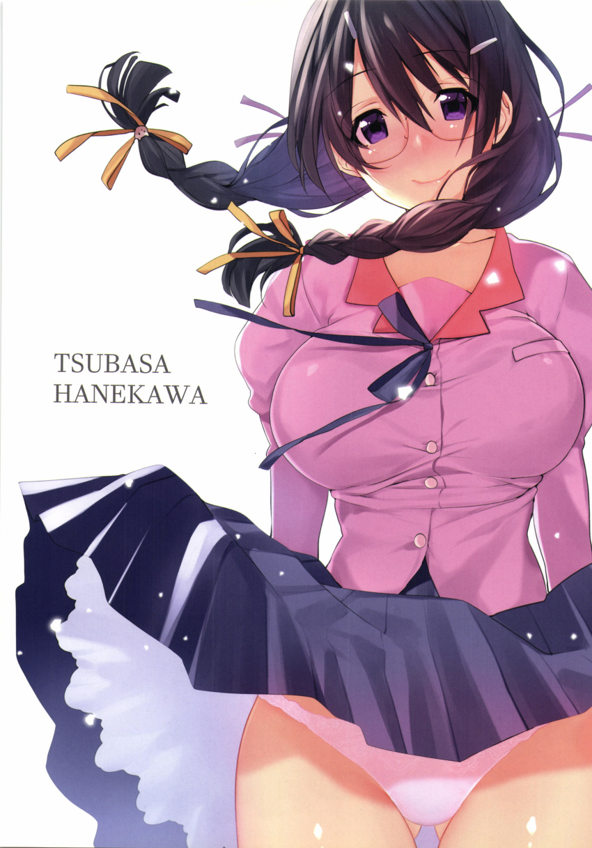 1girl absurdres bakemonogatari bangs blush bow bowtie braid breasts buttons closed_mouth eyebrows_visible_through_hair glasses hair_ornament hanekawa_tsubasa highres looking_at_viewer medium_breasts monogatari_(series) panties purple_hair scan shiny shiny_skin skirt smile solo tied_hair twin_braids twintails underwear violet_eyes white_panties