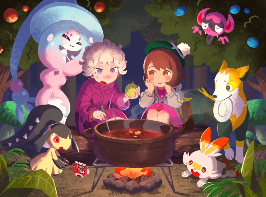 1boy 1girl backpack bag bangs beet_(pokemon) berry_(pokemon) blush_stickers bob_cut boltund brown_eyes brown_hair cardigan closed_eyes coat commentary_request cooking dress fangs fangs_out fire food forest gen_1_pokemon gen_3_pokemon gen_8_pokemon green_headwear grey_cardigan grey_hair hat hatterene highres holding holding_food hooded_cardigan impidimp in_tree iroidori4422 log long_sleeves looking_at_another magikarp mawile mouth_hold mushroom nature night open_mouth outdoors pink_dress plate pokemon pokemon_(creature) pokemon_(game) pokemon_swsh popped_collar pot purple_coat rock scorbunny short_hair sitting smile standing starter_pokemon tam_o'_shanter themed_object tongue tongue_out tree violet_eyes yuuri_(pokemon)
