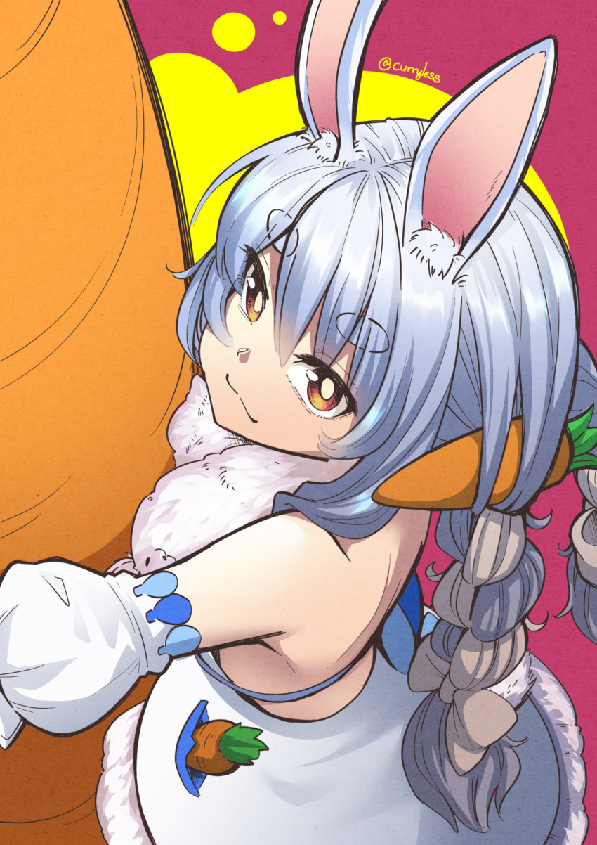 1girl animal_ears back blue_dress blue_hair bow braid brown_hair carillus carrot don-chan_(usada_pekora) dress food food_in_pocket food_on_hair from_above fur-trimmed_dress fur_trim hair_bow highres holding holding_food hololive hug looking_at_viewer multicolored_hair oversized_food rabbit_ears red_background simple_background solo twin_braids twintails twitter_username two-tone_hair usada_pekora virtual_youtuber white_hair
