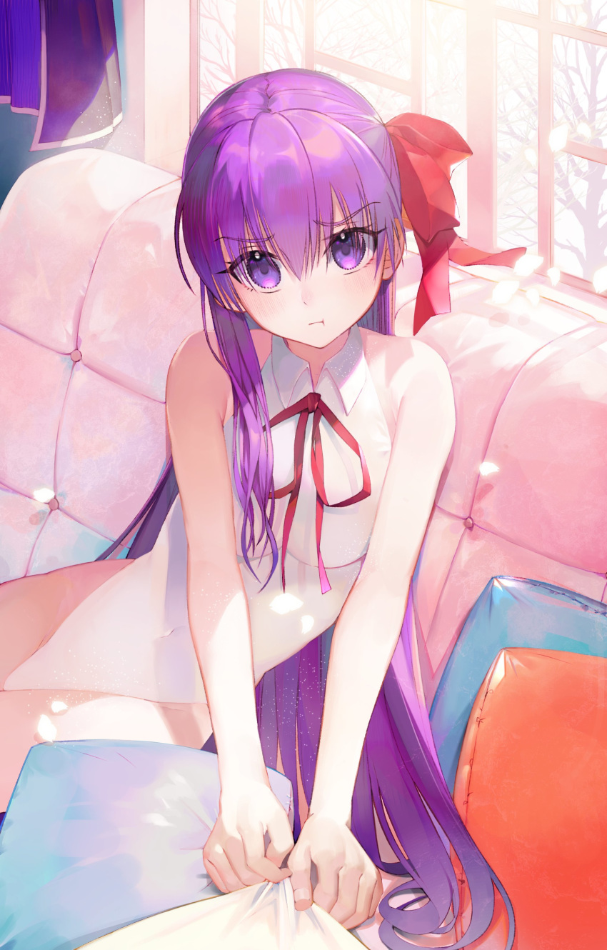 1girl absurdres bangs bare_shoulders bb_(fate)_(all) bb_(fate/extra_ccc) blush breasts couch covered_navel cushion fate/extra fate/extra_ccc fate_(series) hair_ribbon highleg highleg_leotard highres large_breasts leotard long_hair looking_at_viewer neck_ribbon pout puffy_cheeks purple_hair red_ribbon ribbon sitting ugusu24 very_long_hair violet_eyes white_leotard window