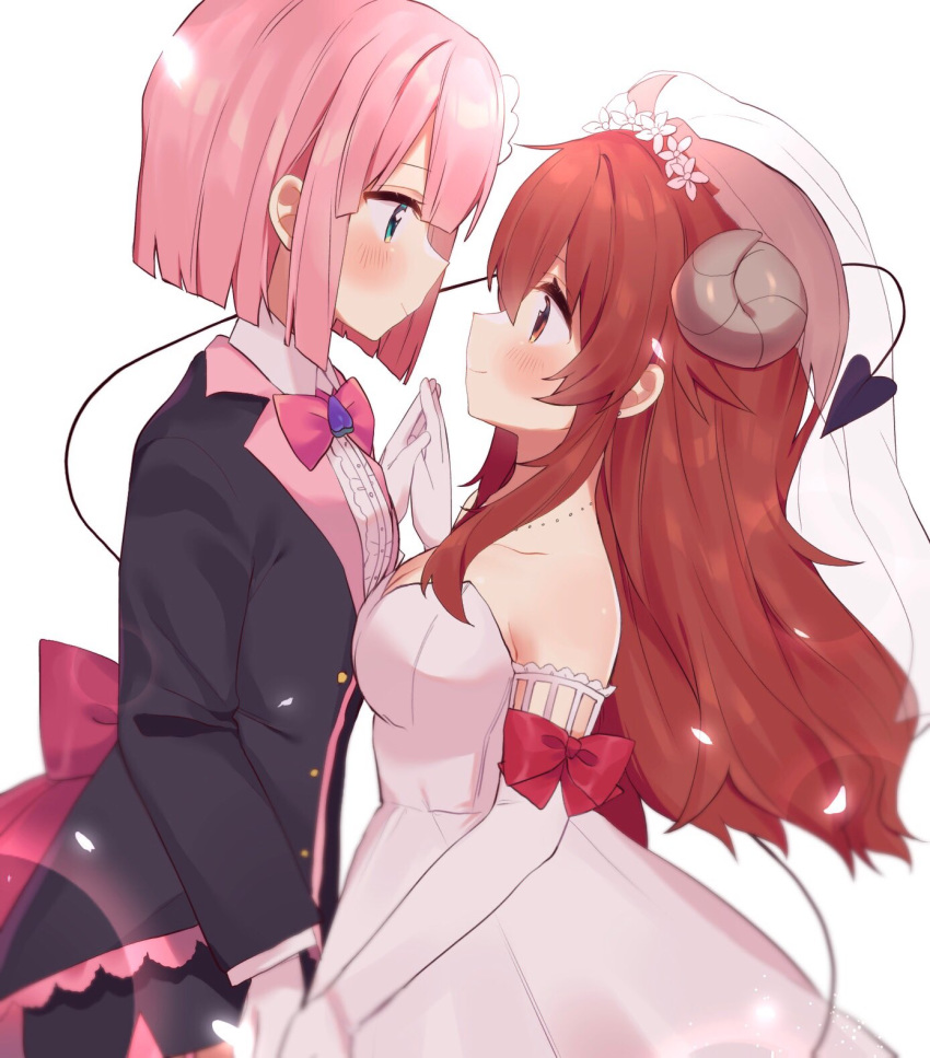 2girls ahoge bare_shoulders blush bride brown_hair chiyoda_momo curled_horns demon_girl demon_horns demon_tail dress elbow_gloves eyebrows_visible_through_hair formal gloves groom hair_ornament highres horns long_hair machikado_mazoku multiple_girls open_mouth pink_hair short_hair simple_background tail unizuma_eleven veil wedding_dress white_dress yoshida_yuuko_(machikado_mazoku) yuri