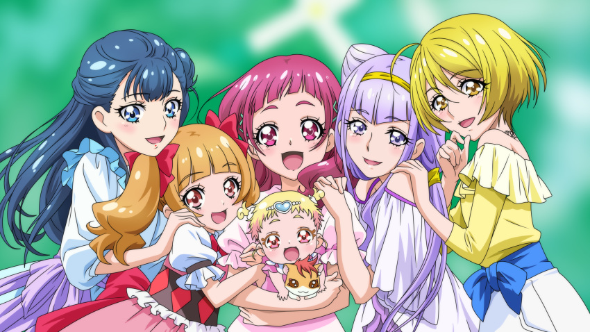 5girls :d aisaki_emiru anime_coloring baby back_bow blonde_hair blue_dress blue_eyes blue_hair blurry blurry_background bow brown_eyes brown_hair carrying dearigazu2001 dress floating_hair hair_bow hand_on_another's_shoulder hands_on_another's_shoulder harryham_harry highres hug-tan_(precure) hugtto!_precure kagayaki_homare long_hair multiple_girls nono_hana off-shoulder_shirt off_shoulder open_mouth pink_hair pink_skirt precure purple_hair red_bow red_eyes redhead ruru_amour shiny shiny_hair shirt short_hair short_sleeves shoulder_cutout skirt smile sundress twintails upper_body very_long_hair violet_eyes white_dress white_skirt yakushiji_saaya yellow_eyes yellow_shirt