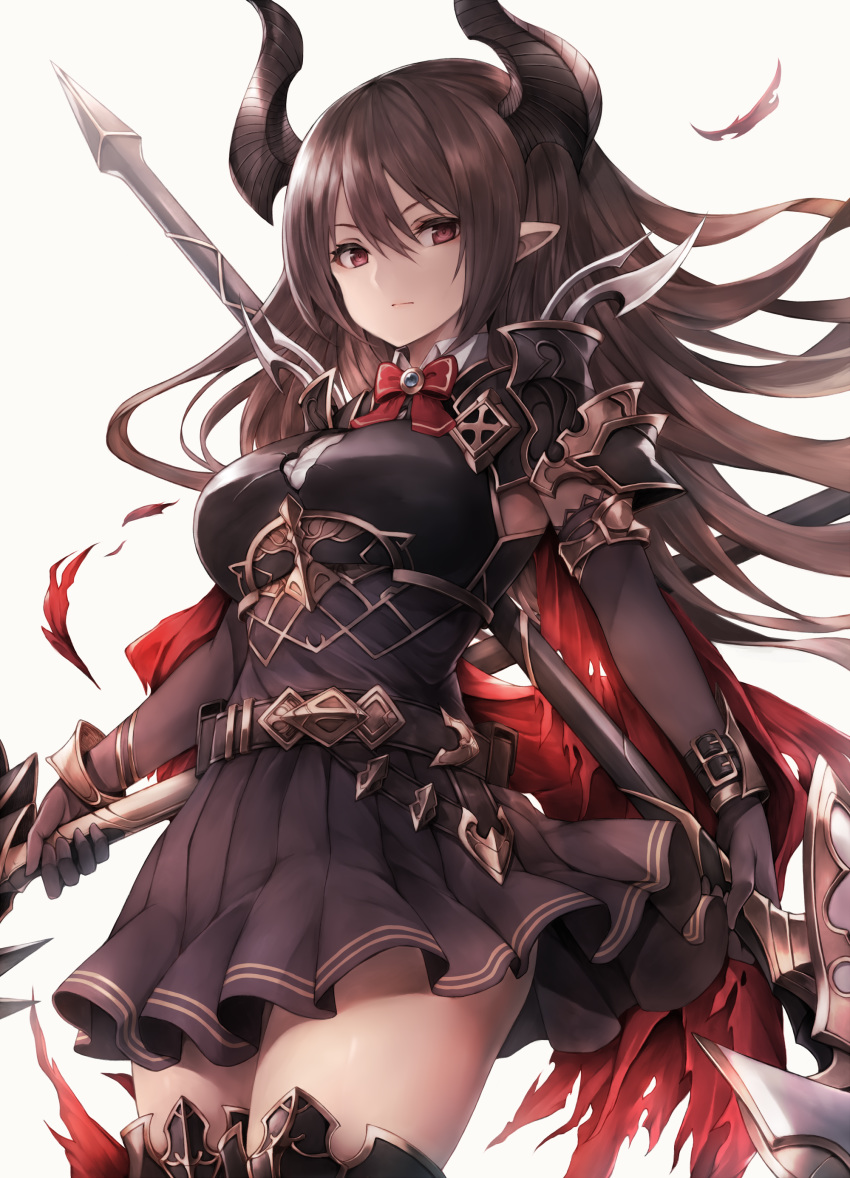 1girl absurdres armor armored_boots belt black_footwear black_skirt boots bow bowtie breastplate breasts brown_hair cape closed_mouth collared_shirt cowboy_shot draph dual_wielding expressionless floating_hair forte_(shingeki_no_bahamut) highres holding holding_spear holding_weapon horns large_breasts long_hair looking_at_viewer miniskirt pleated_skirt pointy_ears polearm red_eyes revision shingeki_no_bahamut shirt shoulder_armor sidelocks skirt snm_(sunimi) solo spear standing thigh-highs undershirt weapon zettai_ryouiki