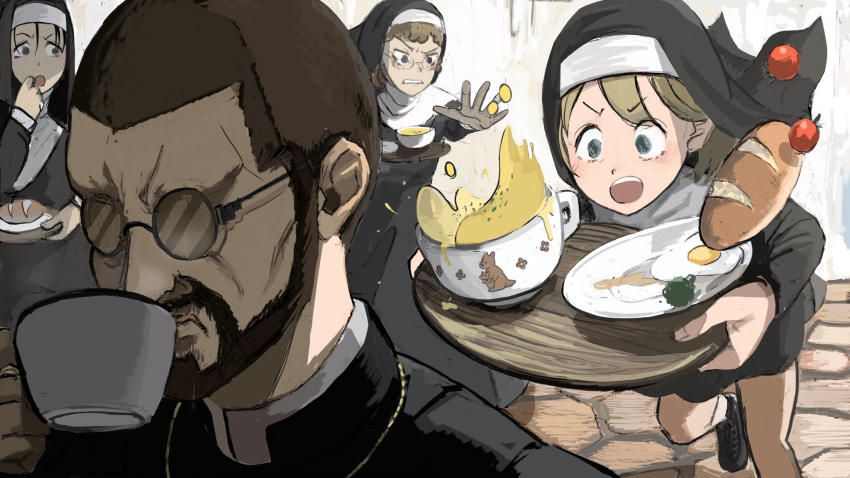 1boy 3girls accident beard bread cherry_tomato diva_(hyxpk) drinking egg facial_hair food highres multiple_girls nun original priest round_eyewear short_hair spilling sunny_side_up_egg tea tomato tripping