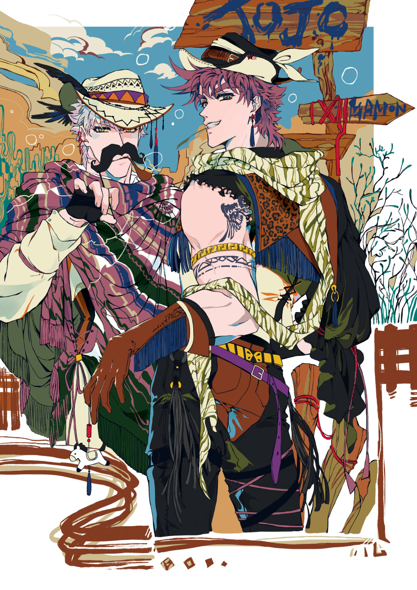 2boys absurdres animal_print battle_tendency brown_hair caesar_anthonio_zeppeli chaps cowboy cowboy_western earrings facial_mark fake_facial_hair fake_mustache green_eyes hat highres jewelry jojo_no_kimyou_na_bouken joseph_joestar joseph_joestar_(young) leopard_print mexican_clothes multiple_boys nigelungdayo pipe pipe_in_mouth poncho purple_hair