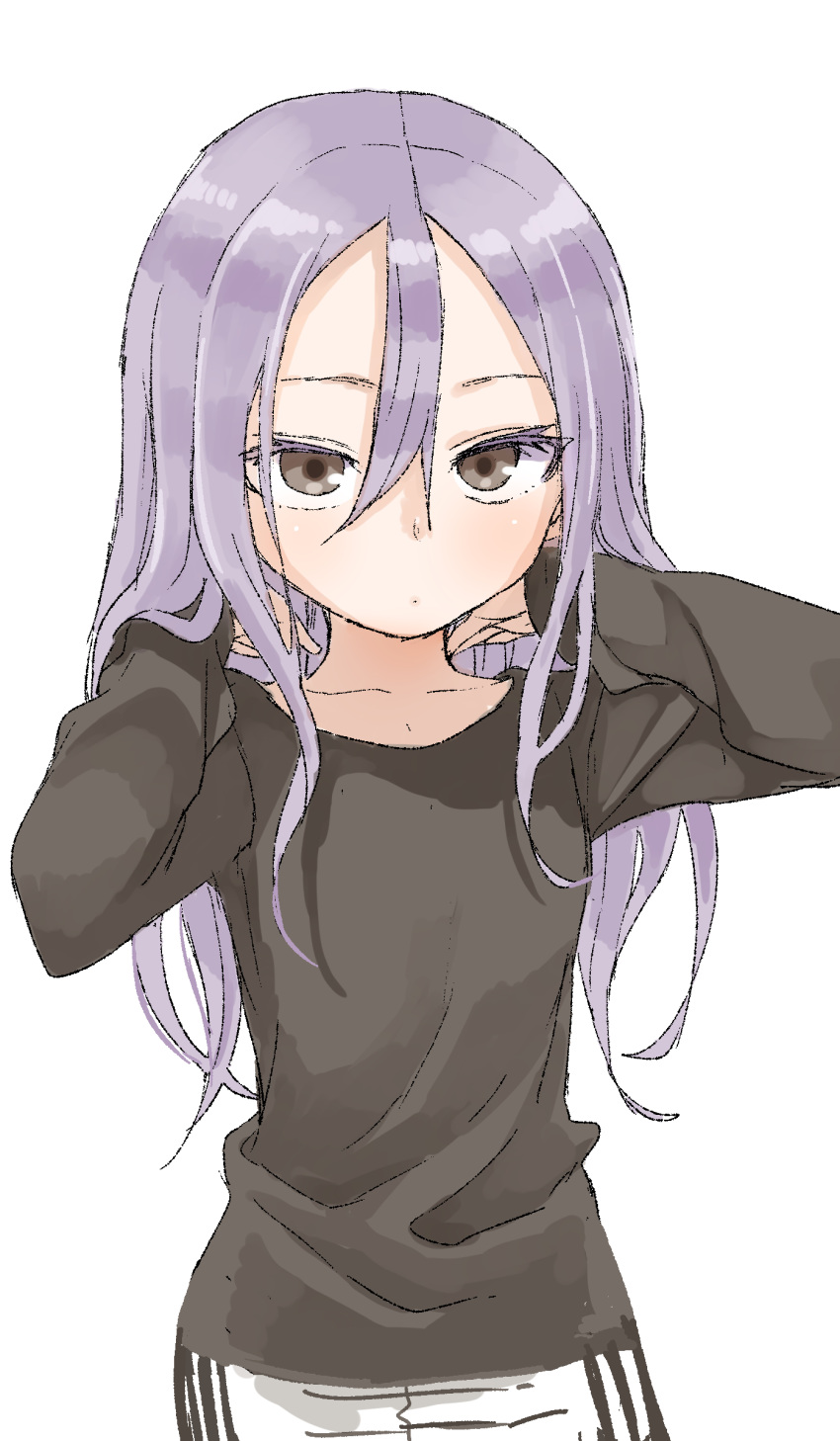 1girl bangs black_shirt brown_eyes closed_mouth collarbone colored_eyelashes commentary_request hair_between_eyes hair_down hands_in_hair hands_up highres long_hair long_sleeves looking_at_viewer pants parted_bangs purple_hair shirt shougi_no_yatsu simple_background sleeves_past_wrists solo track_pants very_long_hair white_background white_pants yamamoto_souichirou yaotome_urushi