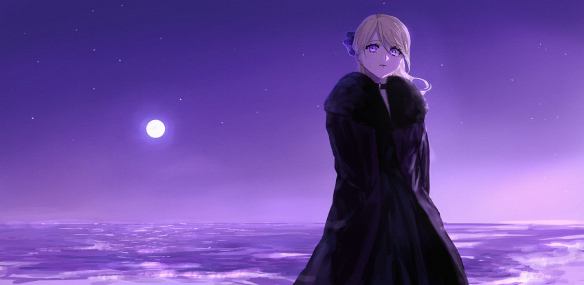 1girl black_coat black_dress black_hair blue_bow bow coat dress dyuba000 full_moon hair_bow hands_in_pockets highres long_hair looking_at_viewer moon night night_sky ocean original sky standing star_(sky) violet_eyes