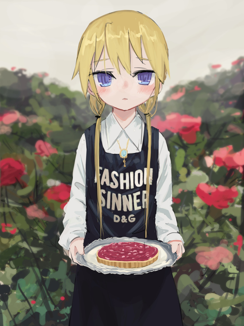 1girl absurdres black_dress blonde_hair blurry blurry_background blush clothes_writing collared_shirt custard depth_of_field dress flower highres holding jewelry kill_me_baby long_hair long_sleeves looking_at_viewer nadegata necklace parted_lips red_flower red_rose rose shirt solo sonya_(kill_me_baby) standing twintails violet_eyes white_shirt wing_collar