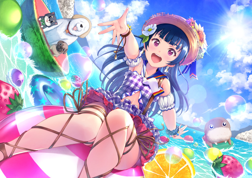 1girl :d anko_(love_live!_sunshine!!) bangs blue_hair blue_ribbon blue_scrunchie bracelet clouds commentary_request cowengium cross-laced_footwear day detached_sleeves dog dress dutch_angle earrings fisheye flower food frilled_dress frills fruit hair_flower hair_ornament hat hat_flower hat_ribbon inflatable_toy innertube jewelry kickboard lens_flare long_hair love_live! love_live!_school_idol_festival love_live!_sunshine!! mascot navel navel_cutout neckerchief ocean open_mouth outdoors outstretched_arm plaid plaid_dress polka_dot polka_dot_scrunchie ribbon sailor_collar scrunchie shiitake_(love_live!_sunshine!!) sitting smile soap_bubbles solo_focus straw_hat sun suspenders tsushima_yoshiko uchicchii violet_eyes white_flower wrist_scrunchie yellow_flower
