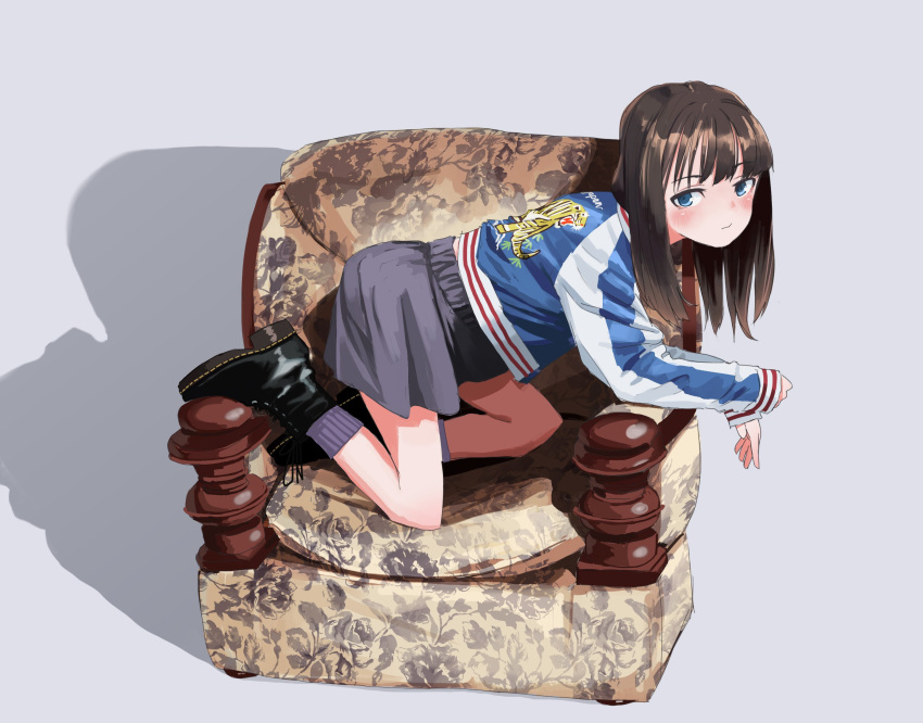 1girl all_fours ankle_boots armchair black_footwear blue_eyes blush boots brown_hair chair closed_mouth from_side grey_background grey_skirt highres jacket long_sleeves looking_at_viewer medium_hair nadegata original purple_legwear skirt socks solo