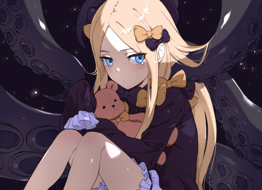 1girl abigail_williams_(fate/grand_order) artist_request bangs black_bow black_dress black_headwear blonde_hair blue_eyes bow breasts dress fate/grand_order fate_(series) forehead hair_bow hat knees_up long_hair multiple_bows orange_bow parted_bangs polka_dot polka_dot_bow sitting sleeves_past_fingers sleeves_past_wrists small_breasts stuffed_animal stuffed_toy tearing_up teddy_bear tentacles white_bloomers