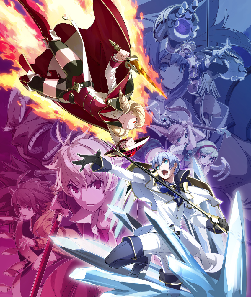 &gt;_&lt; 3boys 6+girls :d blonde_hair blue_eyes blue_hair blue_theme confrontation erika_wagner fire gauntlets highres holding holding_weapon hyde_(under_night_in-birth) ice key_visual linne londrekia_light mika_(under_night_in-birth) multiple_boys multiple_girls nanase_(under_night_in-birth) official_art open_mouth orie_(under_night_in-birth) phonon_(under_night_in-birth) red_eyes red_theme shield smile staff sword under_night_in-birth waldstein weapon xd yoshihara_seiichi