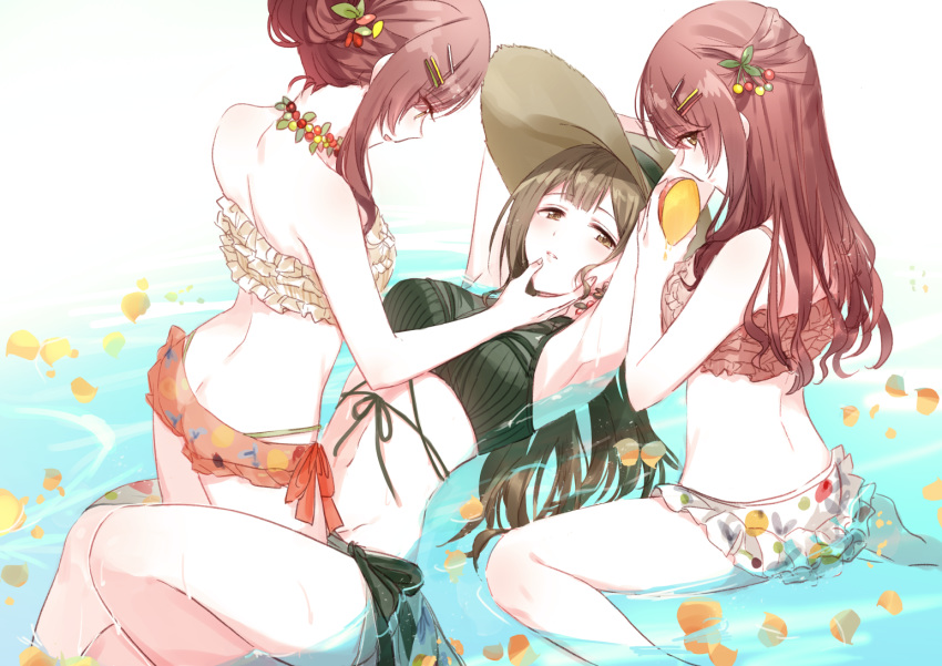 3girls alstroemeria_(idolmaster) alternate_hairstyle armpits arms_up ass back bangs bare_shoulders bikini black_bikini blush brown_eyes brown_hair eye_contact eyebrows_visible_through_hair food frilled_bikini frills fruit hair_bun hair_ornament hairclip hand_on_another's_cheek hand_on_another's_face hat holding holding_food holding_fruit idolmaster idolmaster_shiny_colors jewelry kuwayama_chiyuki long_hair looking_at_another looking_back lying mango multiple_girls navel necklace on_back oosaki_amana oosaki_tenka open_mouth orange_bikini redhead romi_(346_ura) siblings side-tie_bikini sisters sitting smile straw_hat swimsuit thong twins wading wariza water white_bikini yellow_eyes yuri