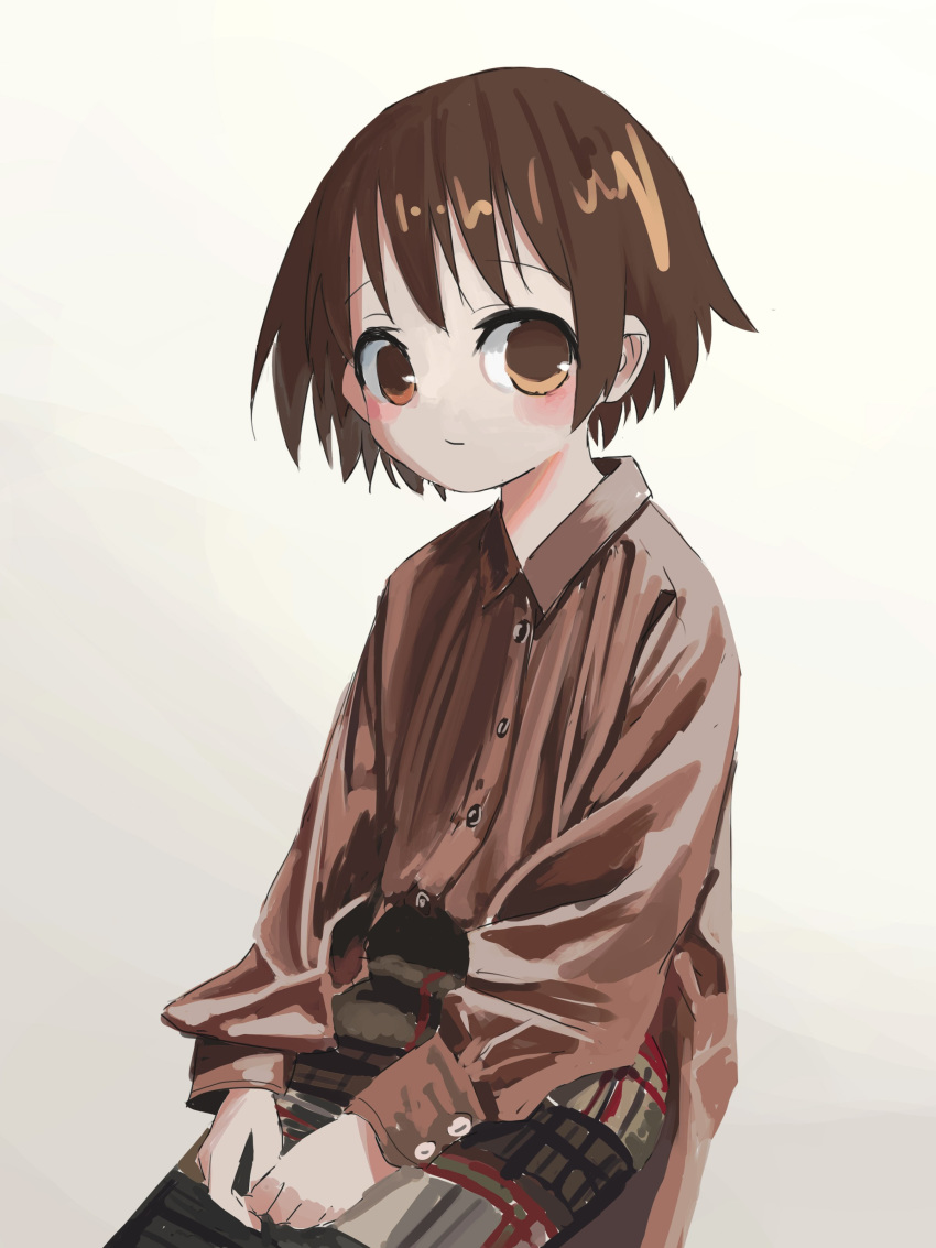 1girl absurdres brown_eyes brown_hair brown_shirt closed_mouth collared_shirt highres kill_me_baby long_sleeves looking_at_viewer nadegata oribe_yasuna shirt simple_background sitting solo white_background wing_collar