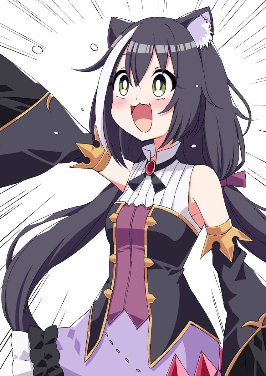 1girl :d animal_ear_fluff animal_ears arm_at_side arm_up armpit_peek black_hair black_neckwear blush bright_pupils cat_ears commentary_request cowboy_shot detached_sleeves dress emphasis_lines eyebrows_visible_through_hair fang flying_sweatdrops green_eyes hair_between_eyes highres karyl_(princess_connect!) lavender_skirt layered_dress long_hair looking_to_the_side low_twintails multicolored_hair neck_ribbon open_mouth princess_connect! princess_connect!_re:dive ribbon simple_background skin_fang smile solo standing streaked_hair tsukimirin twintails very_long_hair white_background white_pupils wide-eyed