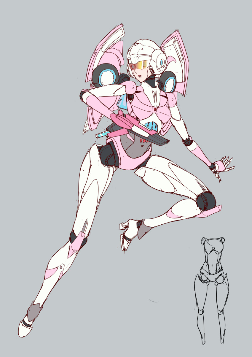 1girl arcee arm_cannon autobot blue_eyes chinese_commentary highres huai_diao_de_zongzi leg_up no_humans open_hand open_mouth sketch solo transformers visor weapon