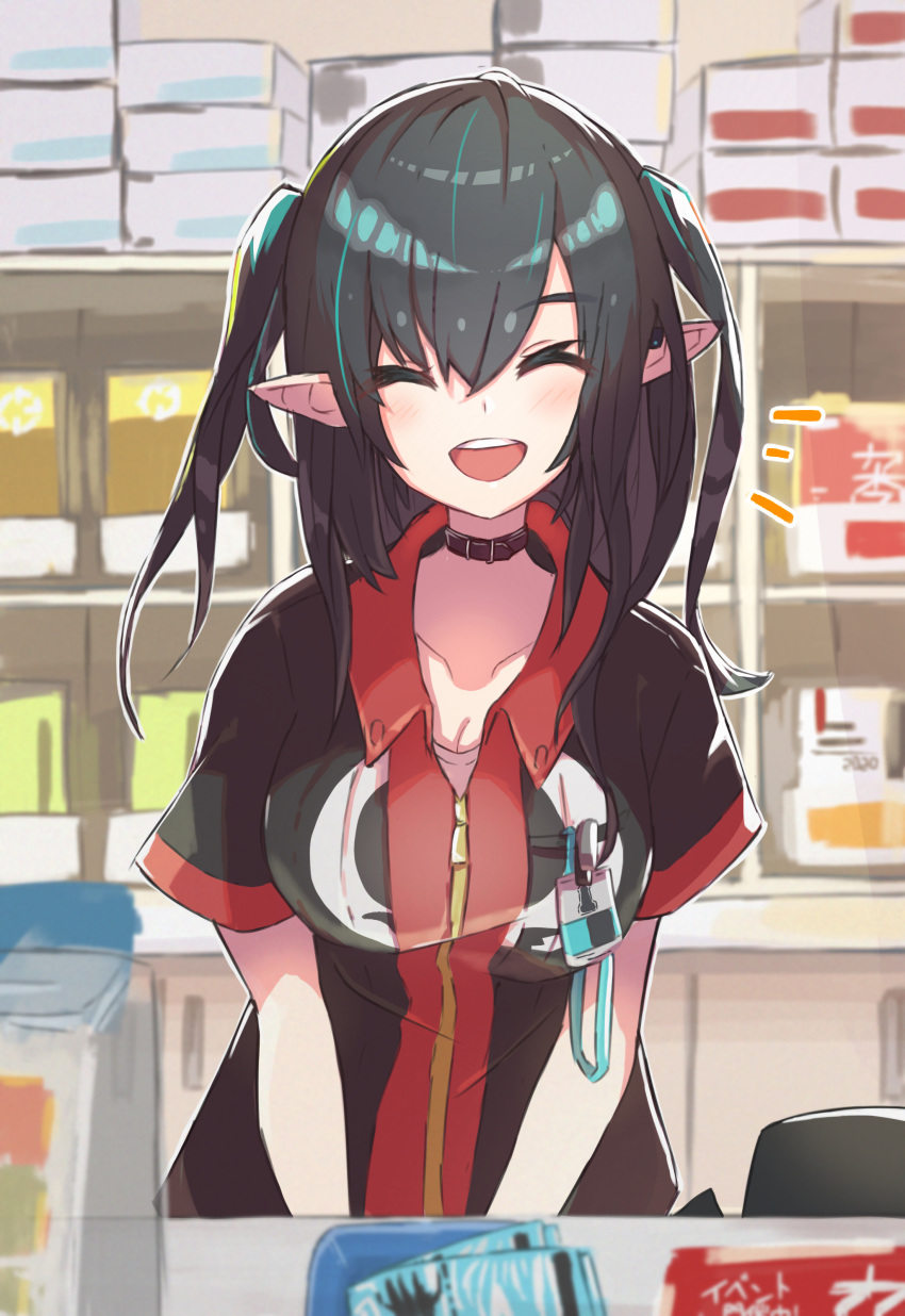 1girl :d ^_^ absurdres alternate_costume arknights bangs black_choker black_hair black_shirt blush breasts choker closed_eyes closure_(arknights) collarbone commentary_request facing_viewer furuki_ayaginutaira hair_between_eyes highres indoors long_hair lungmen_dollar open_mouth pointy_ears shirt short_sleeves smile solo two_side_up upper_body
