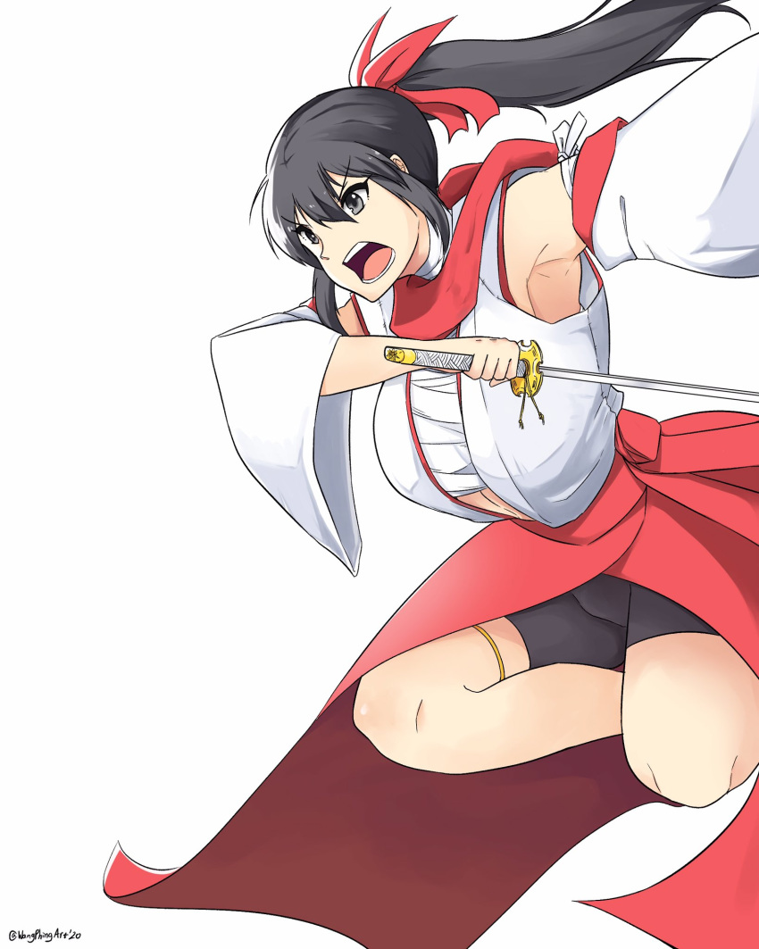 1girl armpits bike_shorts black_hair black_shorts english_commentary grey_eyes hair_ribbon hakama highres holding holding_sword holding_weapon japanese_clothes long_hair midair open_mouth original ponytail red_hakama red_ribbon red_skirt ribbon sarashi shorts shorts_under_skirt sidelocks simple_background skirt solo sword twitter_username wangphing weapon white_background