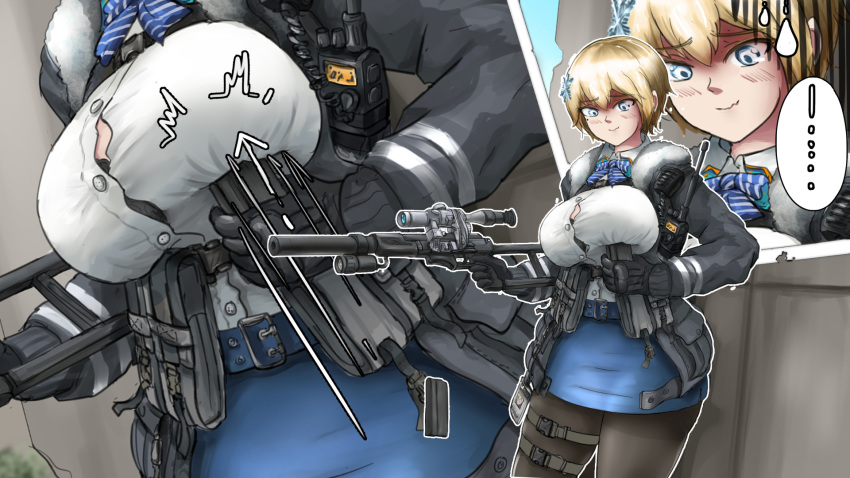 1girl ammunition_pouch anomonny blonde_hair blue_eyes blue_skirt breasts girls_frontline gun highres inconvenient_breasts large_breasts magazine_(weapon) miniskirt pantyhose pouch rifle shirt short_hair skirt sniper_rifle sniper_scope solo tactical_clothes tight_shirt vsk-94_(girls_frontline) weapon