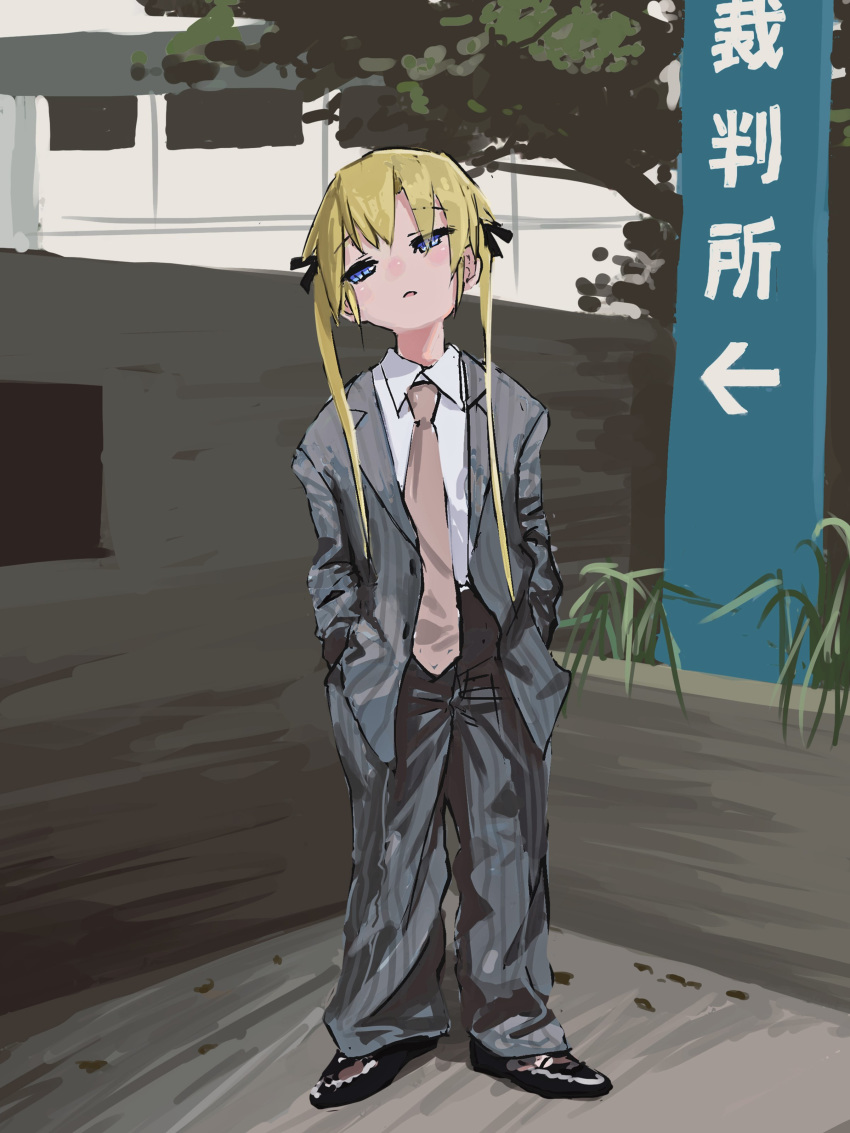 1girl absurdres black_footwear blonde_hair blue_eyes business_suit collared_shirt crossdressinging formal grey_jacket grey_pants hands_in_pockets head_tilt highres jacket kill_me_baby long_sleeves looking_at_viewer nadegata necktie open_clothes open_jacket outdoors oversized_clothes pants parted_lips pink_neckwear shirt shoes sign solo sonya_(kill_me_baby) striped suit tree twintails vertical-striped_jacket vertical-striped_pants vertical_stripes white_shirt wing_collar