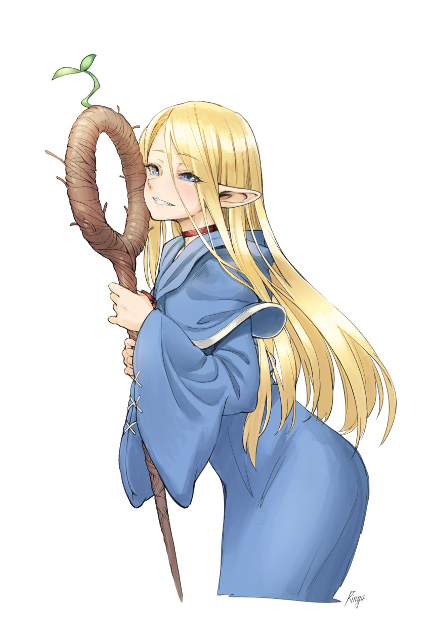 1girl bai_linqin blonde_hair blue_eyes blue_robe check_copyright choker copyright_request dungeon_meshi elf eyebrows_visible_through_hair highres holding holding_staff long_hair long_sleeves parted_lips plant pointy_ears red_choker robe signature simple_background smile solo sprout staff white_background wide_sleeves