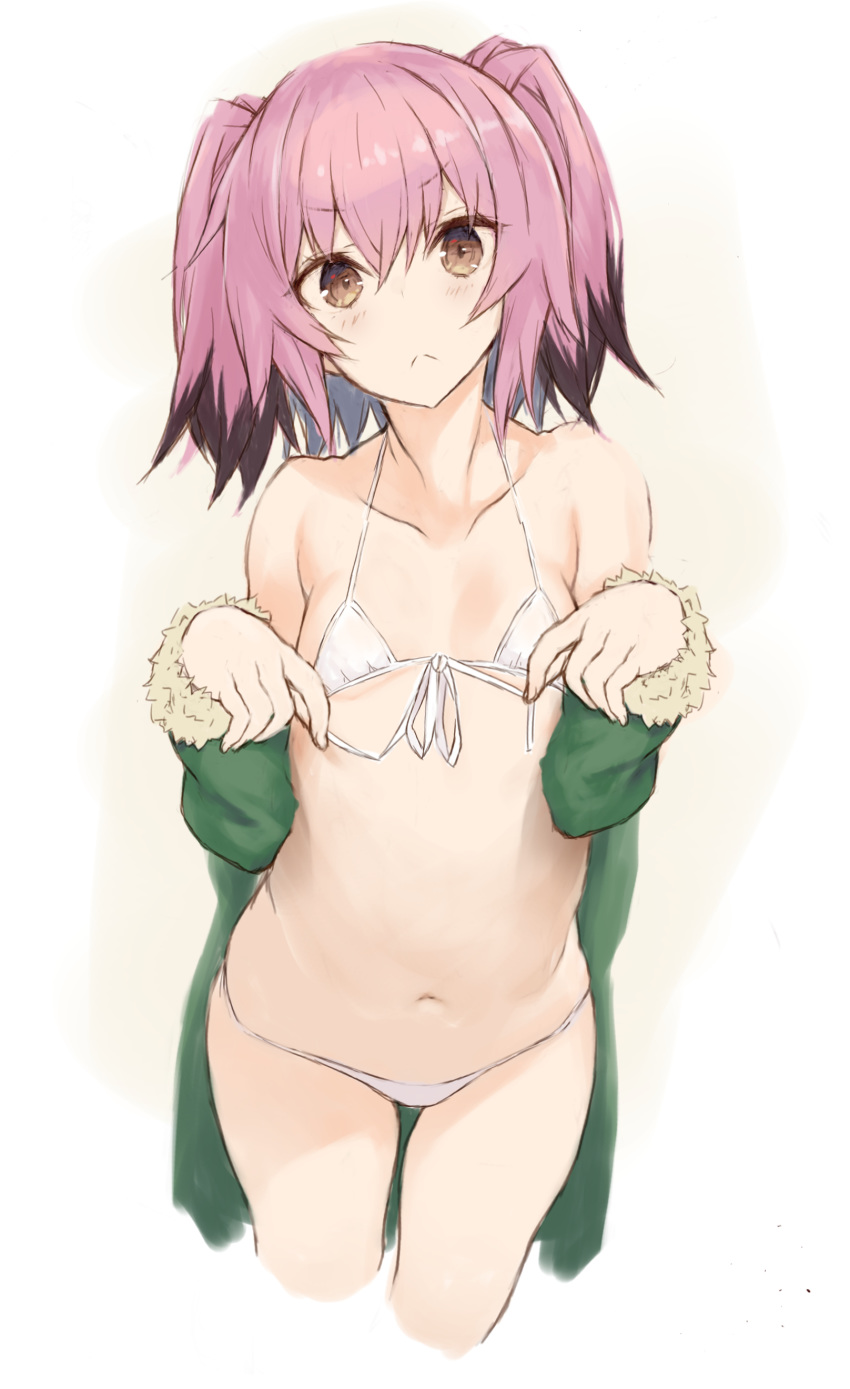 1girl absurdres bikini blush brown_eyes closed_mouth collarbone cropped_legs eyebrows_visible_through_hair flat_chest front-tie_top fur-trimmed_sleeves fur_trim goekawa green_jacket hair_between_eyes highres jacket kantai_collection kunashiri_(kantai_collection) long_sleeves micro_bikini multicolored_hair navel pink_hair short_hair simple_background solo swimsuit two-tone_hair two_side_up white_background white_bikini