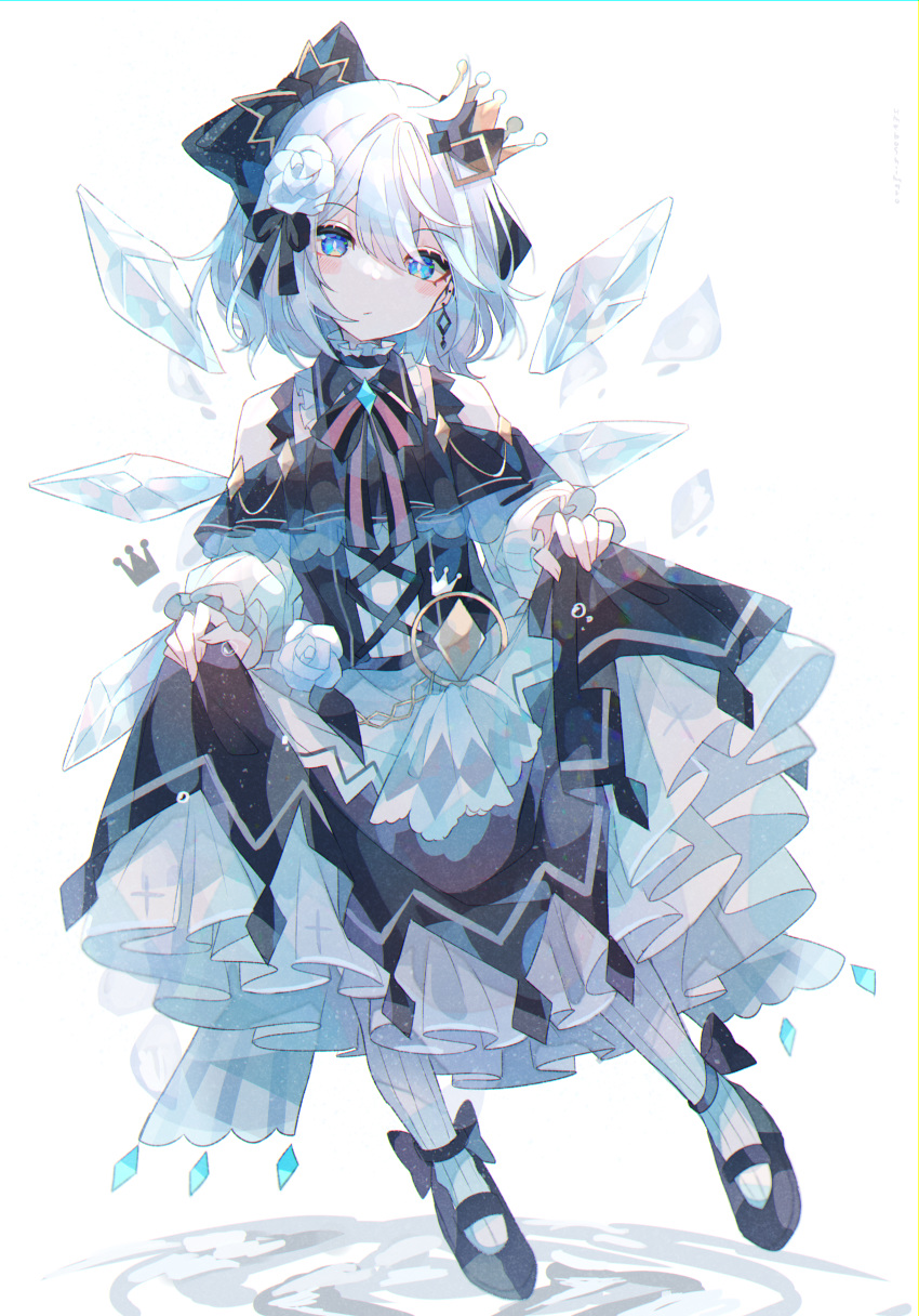 1girl absurdres alternate_costume black_capelet black_dress blue_eyes blue_hair bow capelet cirno closed_mouth crown dress expressionless floating full_body hair_between_eyes hair_bow head_tilt highres ice ice_wings long_hair looking_at_viewer mini_crown short_hair simple_background skirt_hold solo tilted_headwear touhou umemaro_(siona0908) white_background wings