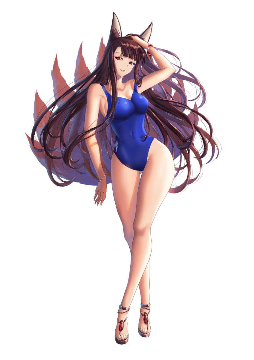 akagi_(azur_lane) animal_ear_fluff animal_ears azur_lane blue_swimsuit breasts brown_hair competition_swimsuit covered_navel floating_hair fox_ears hand_in_hair highres kitsune large_breasts long_hair multiple_tails one-piece_swimsuit red_eyes rialynkv swimsuit tail very_long_hair