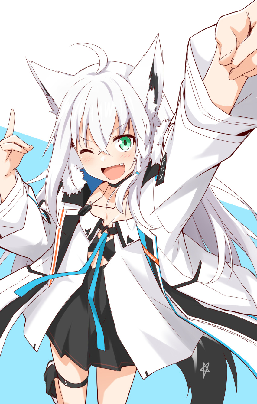 1girl animal_ears arm_up bangs black_bra blue_background bra braid collarbone commentary dog_tags english_commentary eyebrows_visible_through_hair fang felutiahime fox_ears fox_girl fox_shadow_puppet fox_tail fur-trimmed_jacket fur_trim green_eyes hair_between_eyes highres hololive jacket leg_up long_hair looking_at_viewer one_eye_closed open_clothes open_jacket open_mouth shirakami_fubuki shirt sidelocks simple_background single_braid solo tail thigh_strap underwear virtual_youtuber white_background white_jacket white_shirt