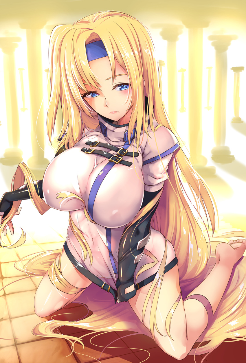 1girl bangs blonde_hair blue_eyes breasts commentary feet gloves guilty_gear guilty_gear_xx headband highres kagato_(artist) large_breasts long_hair looking_at_viewer millia_rage outdoors pillar solo sunlight thighs very_long_hair