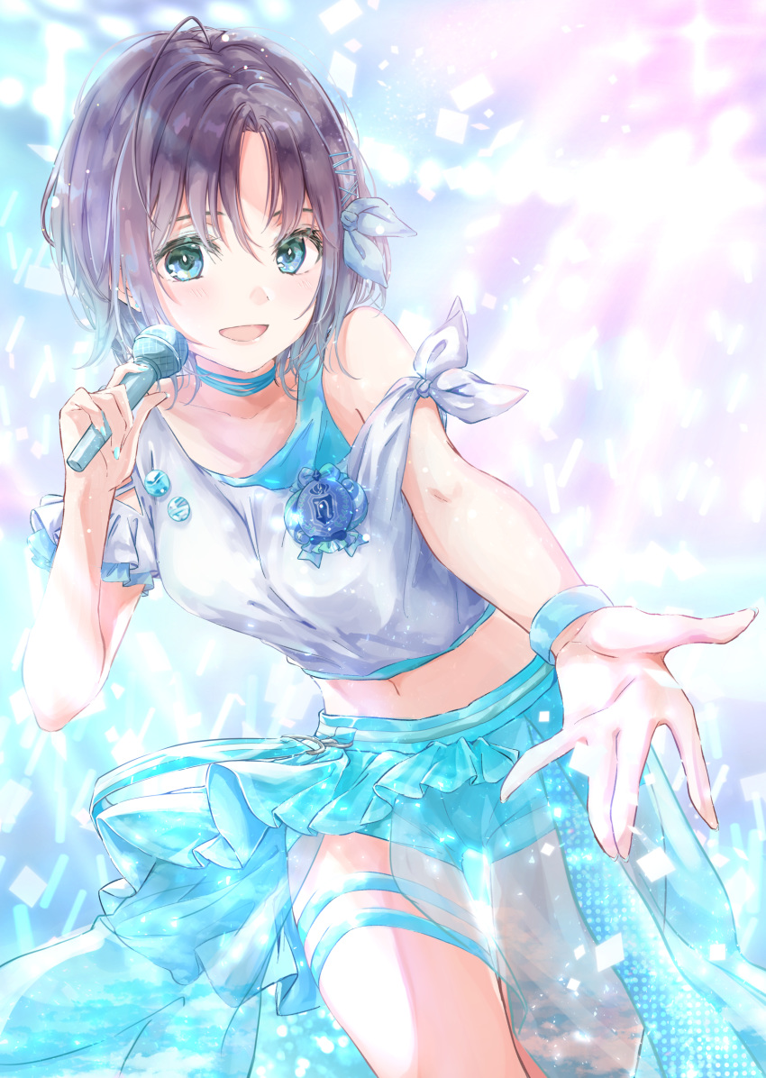 1girl absurdres aoba_yukichi asakura_tooru blue_eyes bracelet highres holding holding_microphone idolmaster idolmaster_shiny_colors jewelry microphone midriff miniskirt noctchill_(idolmaster) outstretched_hand purple_hair short_hair side-tie_shirt skirt smile solo sparkle_background