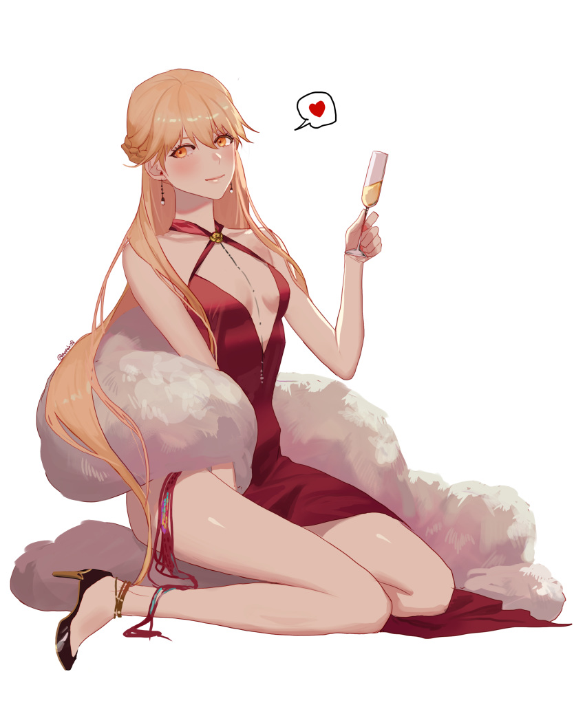 1girl absurdres artist_name black_footwear blonde_hair blush braid breasts cup dress drinking_glass earrings eyebrows_visible_through_hair fur_collar girls_frontline heart heart_print high_heels highres jewelry lips long_hair looking_at_viewer nail_polish orange_eyes ots-14_(girls_frontline) red_dress shoes sitting sitting_on_floor small_breasts sobi_(dnenqkswja) solo thighs white_background wine_glass