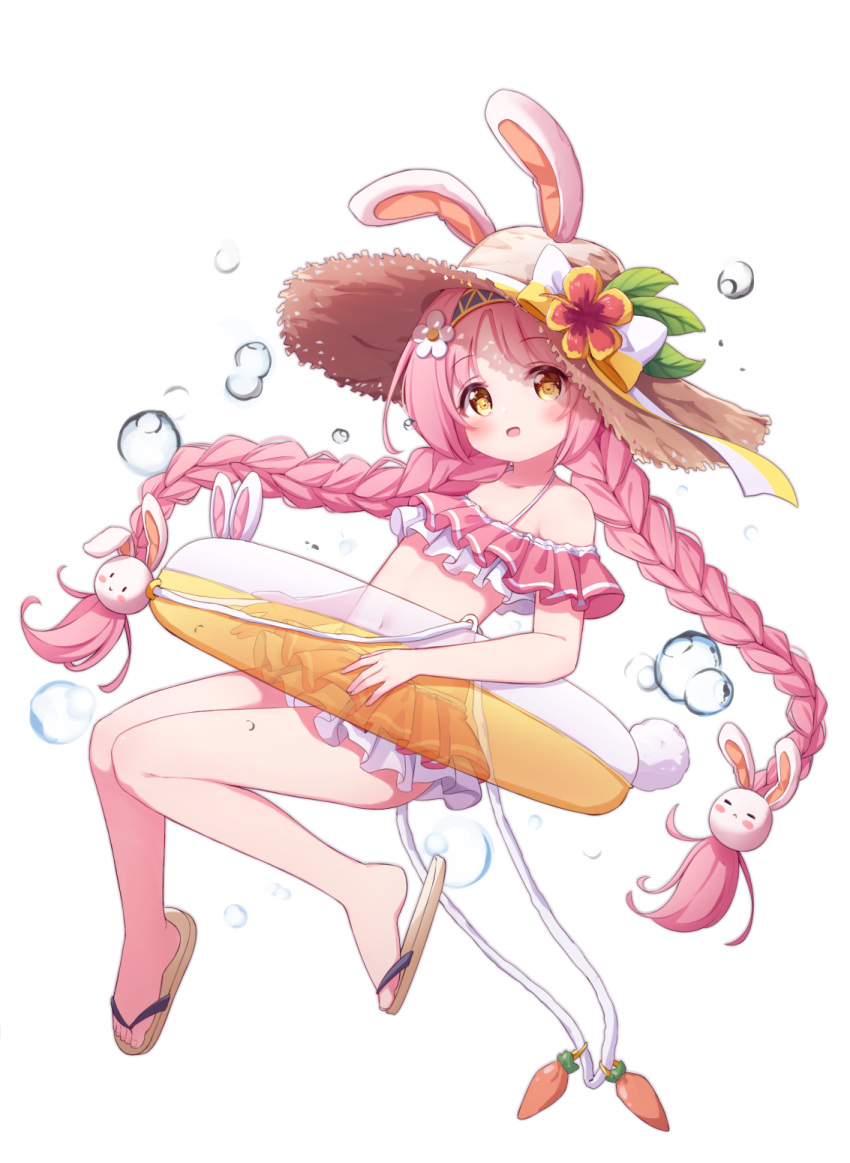 1girl :d animal_ears animal_hat bangs bare_shoulders bikini blush bow braid brown_eyes brown_footwear brown_headwear bunny_hair_ornament bunny_hat eyebrows_visible_through_hair fake_animal_ears flower full_body hair_ornament hat hat_bow hat_flower highres innertube layered_bikini long_hair mimi_(princess_connect!) open_mouth parted_bangs pink_bikini pink_hair princess_connect! princess_connect!_re:dive rabbit_ears red_flower sandals setmen simple_background smile solo straw_hat swimsuit transparent twin_braids twintails very_long_hair water_drop white_background white_bow