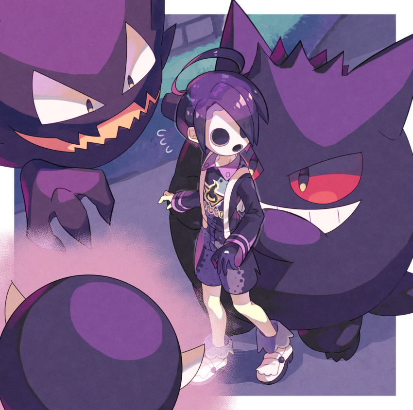 1boy ahoge bangs black_hair border collared_shirt commentary_request gastly gen_1_pokemon gengar gloves gym_leader haunter highres looking_back mask nagatsukiariake onion_(pokemon) outside_border pokemon pokemon_(creature) pokemon_(game) pokemon_swsh print_shirt print_shorts shirt shoes shorts single_glove standing suspender_shorts suspenders white_footwear