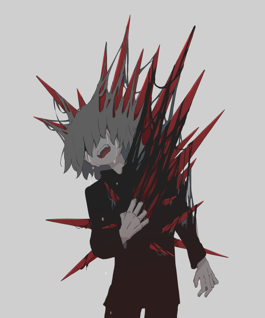 1boy absurdres avogado6 crying depressed dripping grey_background grey_hair hair_over_eyes highres male_focus open_mouth original simple_background solo spikes tears teeth tongue torn_clothes uniform upper_teeth