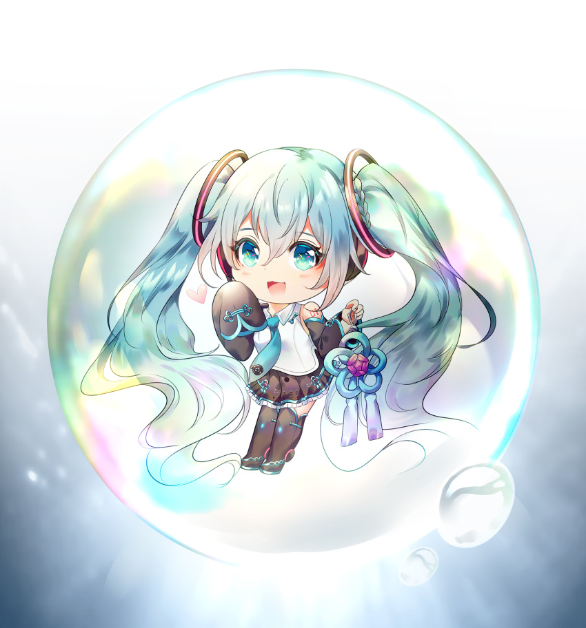 1girl :d bangs black_footwear black_legwear black_skirt black_sleeves blue_neckwear blush braid bubble chibi collared_shirt detached_sleeves eyebrows_visible_through_hair flower_knot frilled_skirt frills green_eyes green_hair hair_between_eyes hair_ornament hand_up hatsune_miku headphones headset heart highres holding long_hair long_sleeves looking_at_viewer necktie open_mouth pantyhose pleated_skirt shirt skirt sleeveless sleeveless_shirt sleeves_past_fingers sleeves_past_wrists smile solo thighband_pantyhose twintails very_long_hair vocaloid white_shirt xianguang