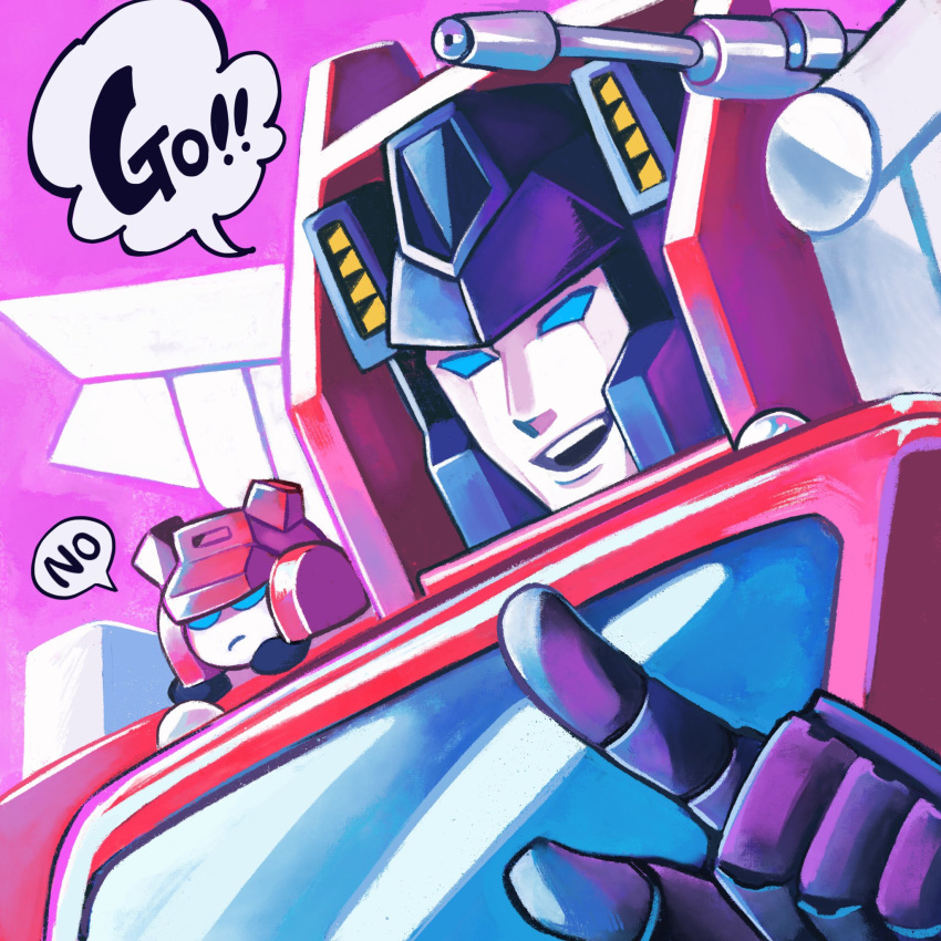 2boys autobot blue_eyes chibi cliffjumper close-up english_text highres horns inferno_(transformers) makaron611 multiple_boys no_humans open_mouth pointing pout smile transformers