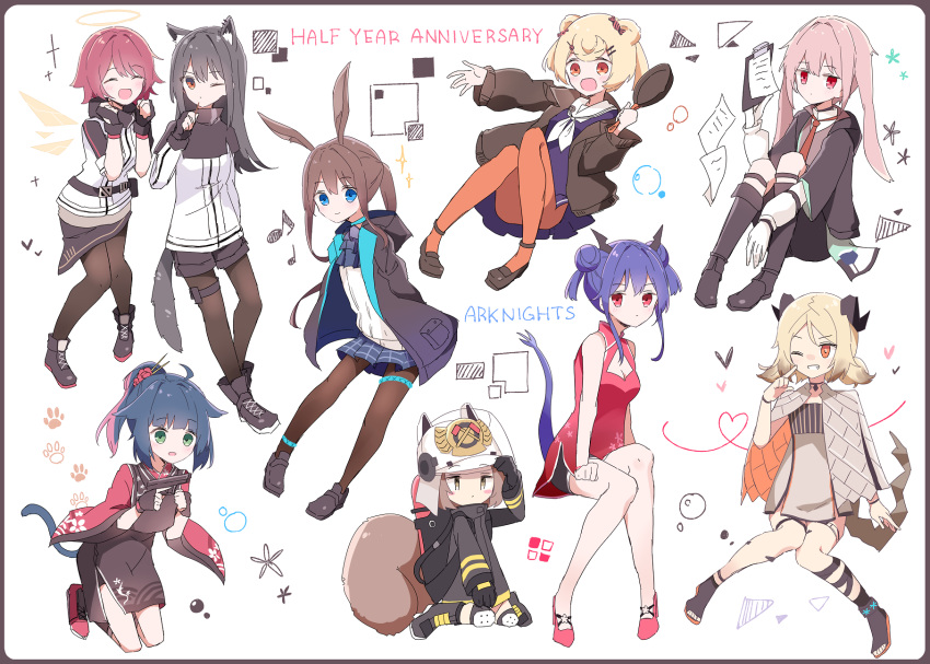 1boy 6+girls :d ^_^ aa_(sin2324) amiya_(arknights) animal_ear_fluff animal_ears animal_ears_helmet anniversary ansel_(arknights) arknights bangs bare_arms bare_shoulders bear_ears black_footwear black_gloves black_hair black_jacket black_shorts blonde_hair blue_dress blue_hair blue_skirt blush boots brown_eyes brown_hair brown_legwear brown_vest brown_wings ch'en_(arknights) china_dress chinese_clothes clipboard closed_eyes closed_mouth collared_shirt commentary_request curled_horns detached_wings double_bun dress eighth_note exusiai_(arknights) eyebrows_visible_through_hair fake_animal_ears fingerless_gloves fire_helmet fire_jacket firefighter flower food frying_pan gloves green_eyes gummy_(arknights) gun hair_flower hair_ornament halo hand_up hands_up highres holding holding_food holding_gun holding_weapon horns ifrit_(arknights) jacket jessica_(arknights) knee_boots knee_pads long_hair long_sleeves multiple_girls musical_note neckerchief necktie one_eye_closed open_clothes open_jacket open_mouth oxygen_tank pantyhose pink_hair pleated_dress pleated_skirt pocky ponytail purple_hair rabbit_ears red_dress red_eyes red_flower red_neckwear redhead sailor_collar sailor_dress shaw_(arknights) shirt short_shorts short_sleeves shorts shorts_under_dress sitting skirt sleeveless sleeveless_dress smile sparkle squirrel_girl squirrel_tail tail texas_(arknights) twintails very_long_hair vest wariza weapon white_jacket white_neckwear white_sailor_collar white_shirt wide_sleeves wings wolf_ears wolf_girl wolf_tail