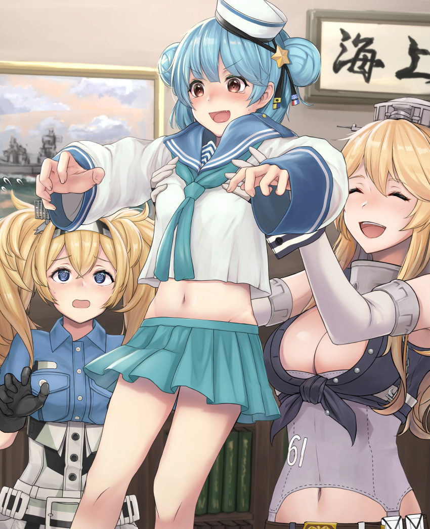 3girls absurdres american_flag aqua_neckwear aqua_skirt belt black_ribbon blonde_hair blue_eyes blue_hair blue_sailor_collar blue_shirt bookshelf breast_pocket breasts closed_eyes collared_shirt dixie_cup_hat double_bun dress elbow_gloves enri_(enriko683) fingerless_gloves gambier_bay_(kantai_collection) gloves hair_ornament hairband hairpin hat hat_ribbon high_heels highres huge_filesize iowa_(kantai_collection) kantai_collection large_breasts lifted_by_another lifting lifting_person long_hair long_sleeves military_hat miniskirt multicolored multicolored_clothes multicolored_gloves multiple_girls navy_cross neckerchief open_mouth photo_(object) picture_frame pleated_skirt pocket ponytail radar red_footwear ribbon sailor_collar sailor_dress samuel_b._roberts_(kantai_collection) school_uniform serafuku shirt short_hair shorts skirt sleeve_cuffs smile star-shaped_pupils star_(symbol) striped symbol-shaped_pupils thigh-highs twintails vertical_stripes white_headwear white_legwear white_shirt yellow_eyes