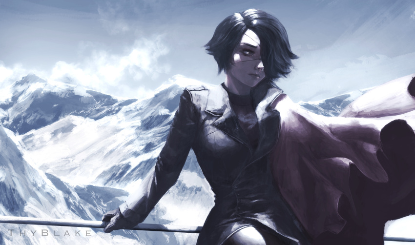 1girl absurdres against_railing artist_name black_hair cape cinder_fall clouds cloudy_sky commentary day english_commentary eyepatch hair_over_one_eye highres jacket limited_palette lips mountain mountainous_horizon nose one-eyed railing red_cape rwby short_hair sky solo thy_blake turtleneck very_short_hair