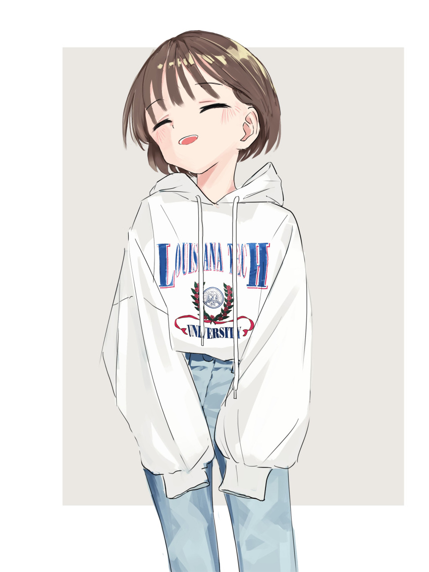1girl :d absurdres blue_pants border brown_hair closed_eyes clothes grey_background highres hood hoodie long_sleeves looking_at_viewer nadegata open_mouth original pants smile solo white_border white_hoodie