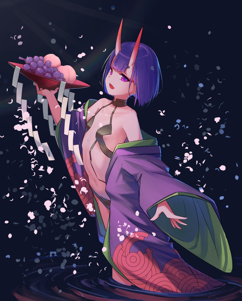 1girl absurdres bangs bare_shoulders bob_cut breasts collarbone eyeliner fangs fate/grand_order fate_(series) food fruit fruit_bowl grapes highres horns japanese_clothes kimono long_sleeves looking_at_viewer makeup navel off_shoulder oni oni_horns open_clothes open_kimono open_mouth peach petals purple_hair purple_kimono revealing_clothes revision ripples sawarineko short_hair shuten_douji_(fate/grand_order) skin-covered_horns small_breasts smile thighs violet_eyes wading water wide_sleeves