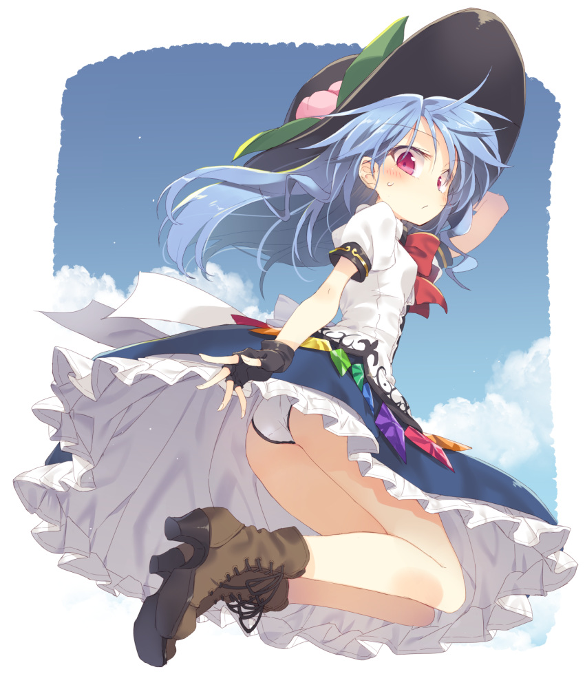 1girl ass bare_legs black_gloves black_headwear blue_hair blue_skirt blue_sky boots brown_footwear clouds commentary_request fingerless_gloves floating_hair food fruit full_body gloves hat high_heels highres hinanawi_tenshi long_hair looking_at_viewer panties pantyshot peach pink_eyes puffy_short_sleeves puffy_sleeves satou_kibi shirt short_sleeves skirt sky solo sweat touhou underwear upskirt white_panties white_shirt