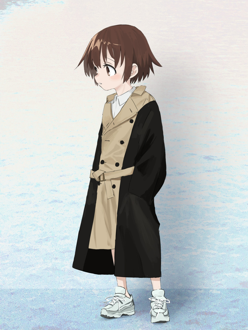1girl absurdres black_coat brown_coat brown_eyes brown_hair coat collared_shirt double-breasted full_body highres kill_me_baby nadegata open_clothes open_coat oribe_yasuna parted_lips shirt shoes short_hair solo standing white_footwear white_shirt wing_collar