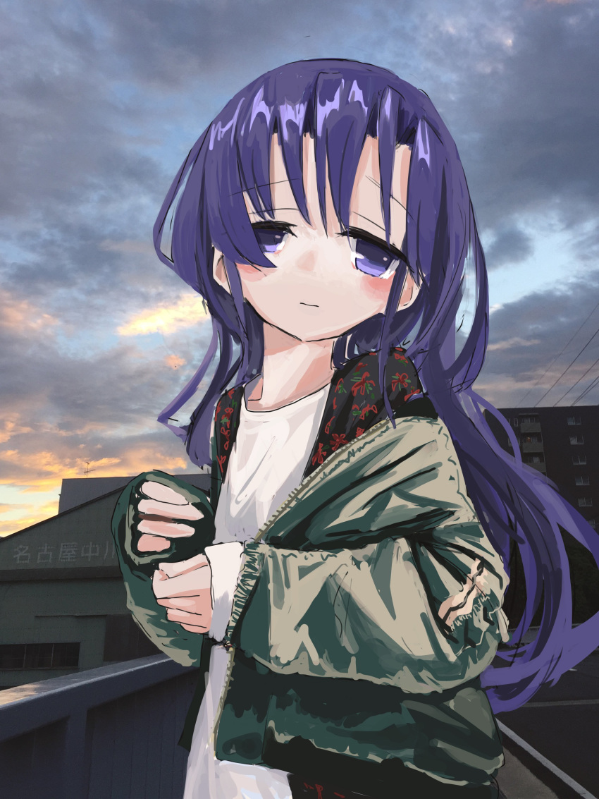 1girl absurdres blue_sky blush closed_mouth goshiki_agiri green_jacket highres jacket kill_me_baby long_sleeves looking_at_viewer nadegata open_clothes open_jacket purple_hair shirt sky solo standing violet_eyes white_shirt