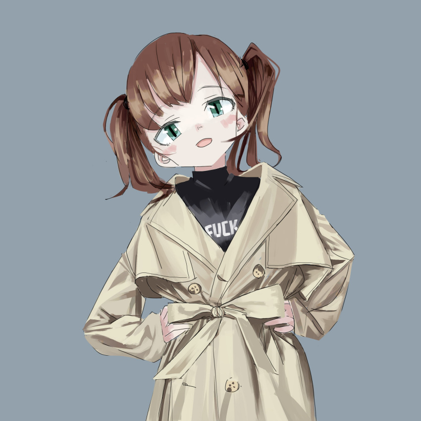 1girl :d absurdres black_sweater clothes_writing coat cowboy_shot double-breasted green_eyes grey_background grey_coat hands_on_hips head_tilt highres long_sleeves looking_at_viewer medium_hair nadegata open_mouth original profanity simple_background slit_pupils smile solo sweater twintails