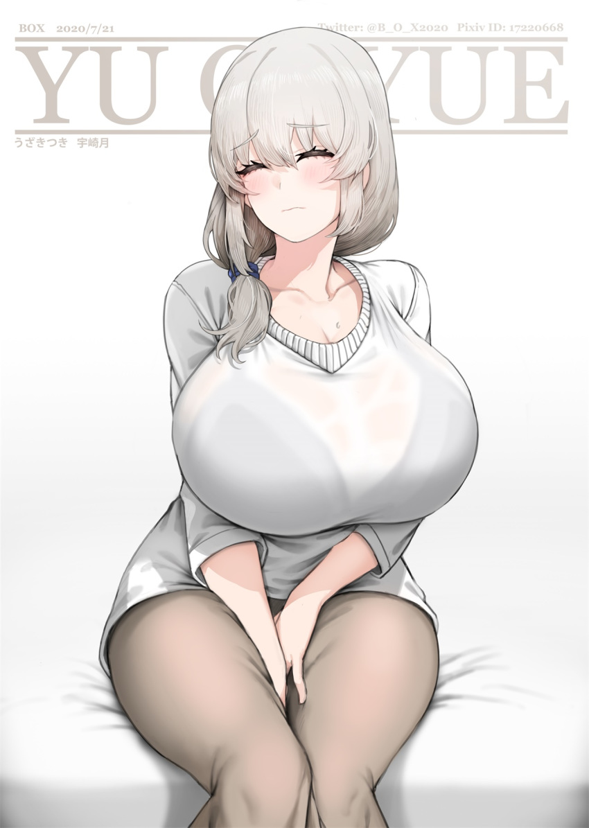 1girl bangs bed beige_pants between_legs bra_through_clothes breasts closed_eyes closed_mouth collarbone commentary_request eyebrows_visible_through_hair hair_over_shoulder hand_between_legs highres huge_breasts low_tied_hair mature see-through silver_hair sitting smile sweater uzaki-chan_wa_asobitai! uzaki_tsuki wet_sweater white_sweater xiangzi_box