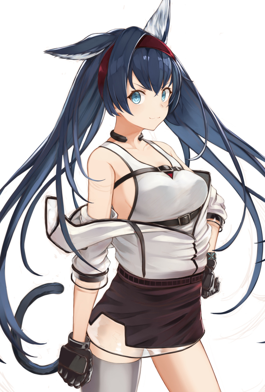 1girl animal_ears arknights bangs bare_shoulders black_choker black_gloves black_skirt blaze_(arknights) blue_eyes blue_hair breasts cat_ears choker commentary cowboy_shot gloves grey_legwear hairband highres jacket long_hair looking_at_viewer medium_breasts miniskirt off_shoulder pencil_skirt piisu red_hairband revision simple_background single_thighhigh skirt smile solo standing tank_top thigh-highs thighs very_long_hair white_background white_jacket white_tank_top