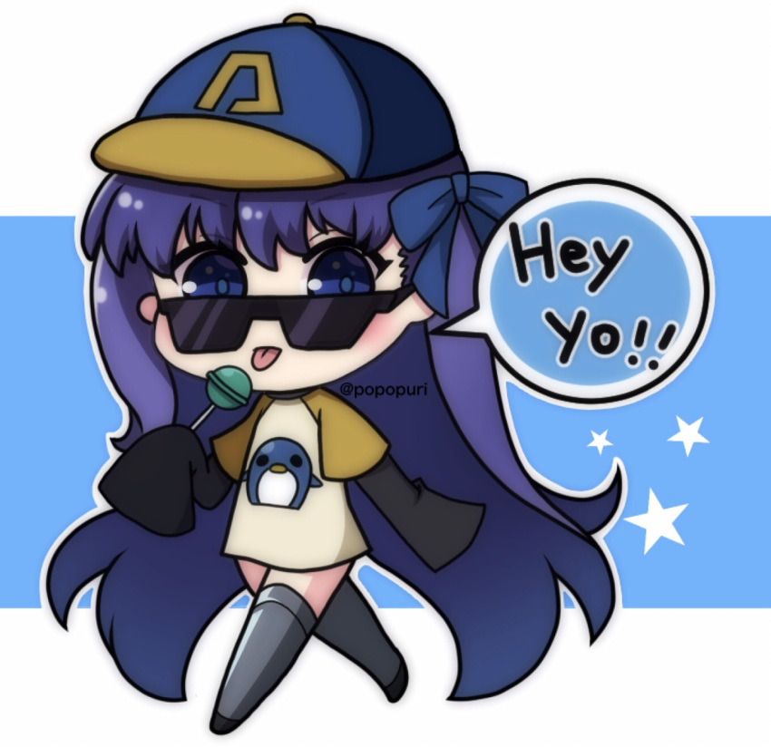 1girl bangs baseball_cap black_footwear blue_background blue_bow blue_eyes blue_headwear blush bow candy chibi commentary_request english_text eyebrows_visible_through_hair eyewear_pull fate/grand_order fate_(series) food full_body grey_legwear hair_between_eyes hair_bow hat highres holding holding_candy holding_food holding_lollipop lollipop long_hair long_sleeves looking_at_viewer meltryllis popo_(popopuri) purple_hair raglan_sleeves shirt short_over_long_sleeves short_sleeves sleeves_past_fingers sleeves_past_wrists solo speech_bubble star_(symbol) sunglasses thigh-highs tongue tongue_out twitter_username two-tone_background very_long_hair white_background white_shirt